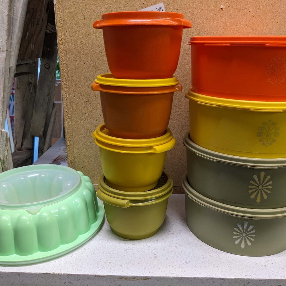 Vintage Tupperware Bowl Set in Orange, Yellow, and Green